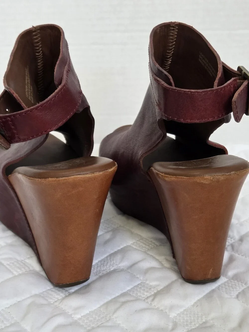 Kork-Ease Leather Wedge Platform Open Toe Ankle Strap Heels Burgundy 8